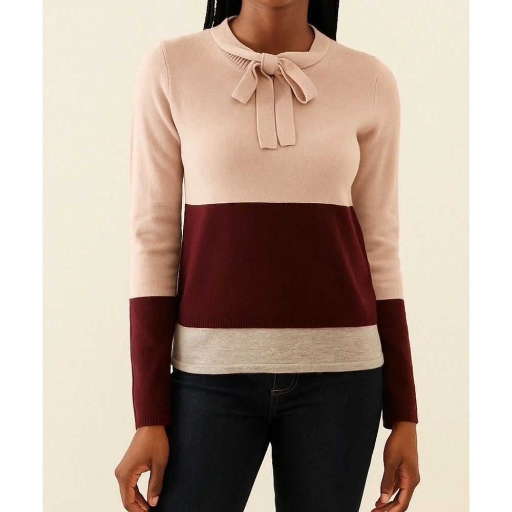 Diane von Furstenberg DvF Wool Cashmere Silk Bow Neck Colorblock Sweater Pink M